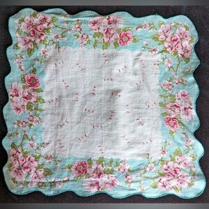 Vintage White Handkerchief with Blue Trim, Pink/White Flowers and Green Fauna